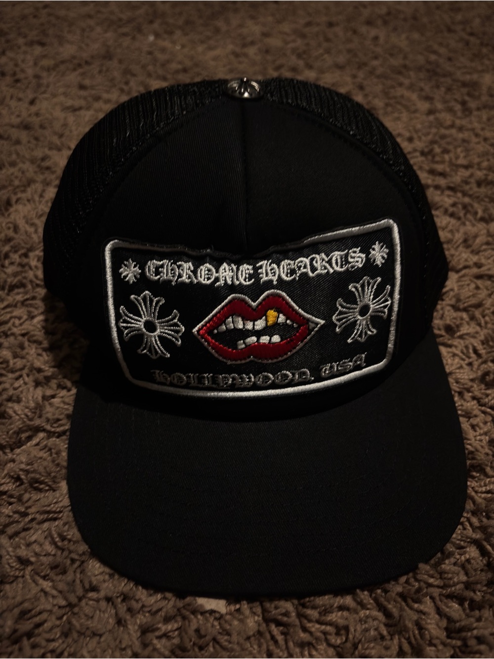Chrome Hearts Kids Black Trucker Hat with Red Lips Patch